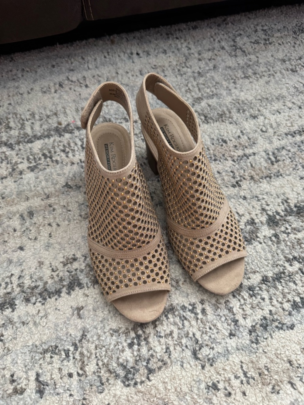 Kim Rogers Taupe Perforated Open-Toe Slingback Heels with Stud Accents